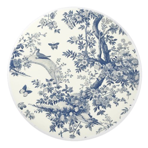 Blue Cream Toile Flowering Branch Ceramic Knob