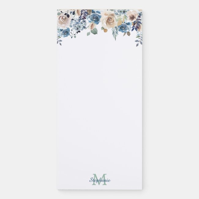 Blue Cream Watercolor Floral Monogram Magnetic Notepad