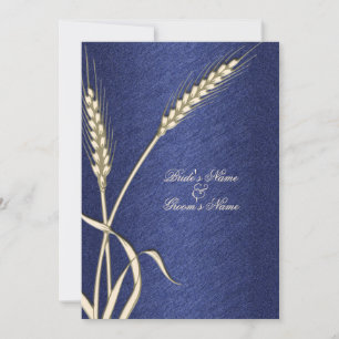 Blue cream wedding wheat flower invitation