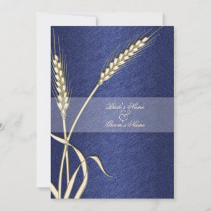 Blue cream wedding wheat flower invitation