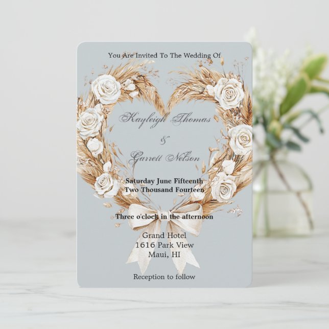 Blue Cream White Floral Heart Wreath Wedding Invitation (Standing Front)