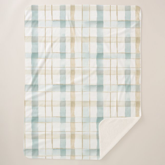 Blue Cream White Plaid Sherpa Blanket (Front)