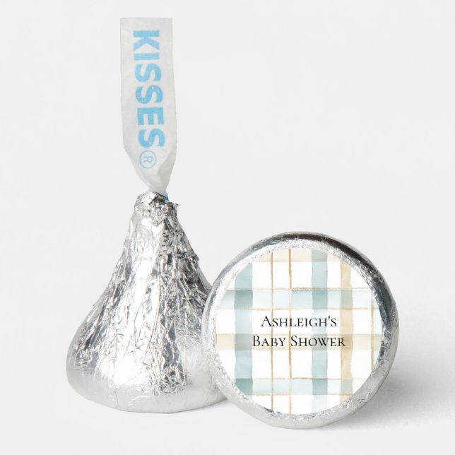Blue Cream White Plaid Stripes Baby Shower Hershey®'s Kisses® (Front)