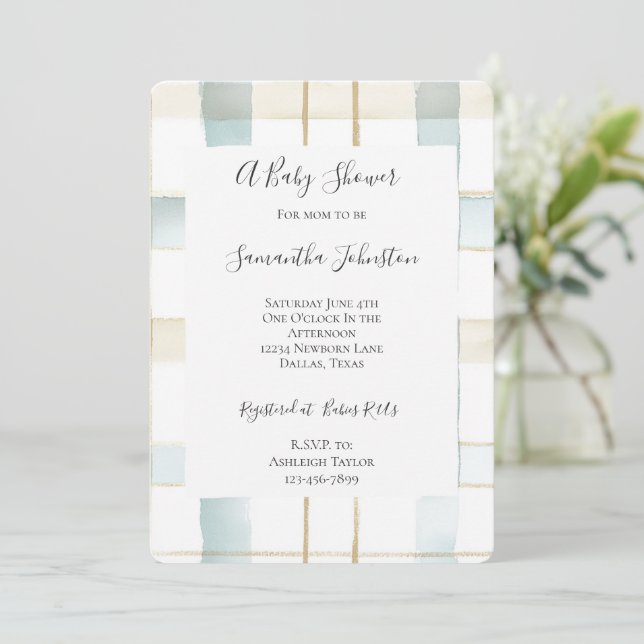 Blue Cream White Plaid Stripes Baby Shower Invitation (Standing Front)