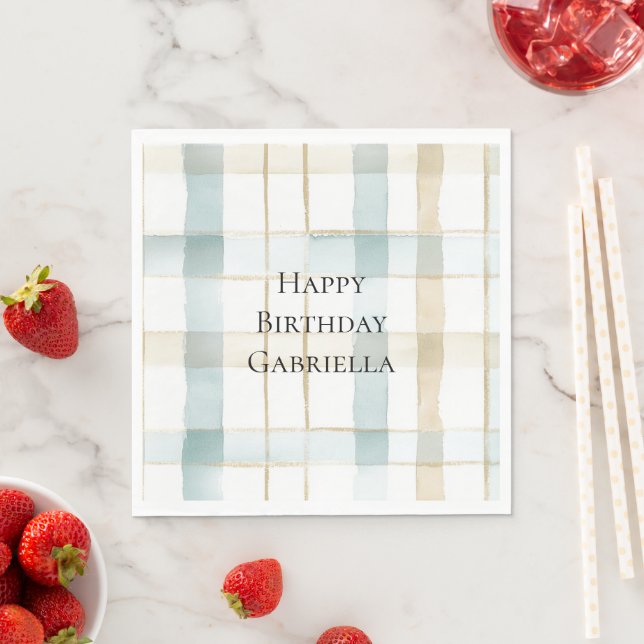 Blue Cream White Plaid Stripes Birthday Napkins (Insitu)