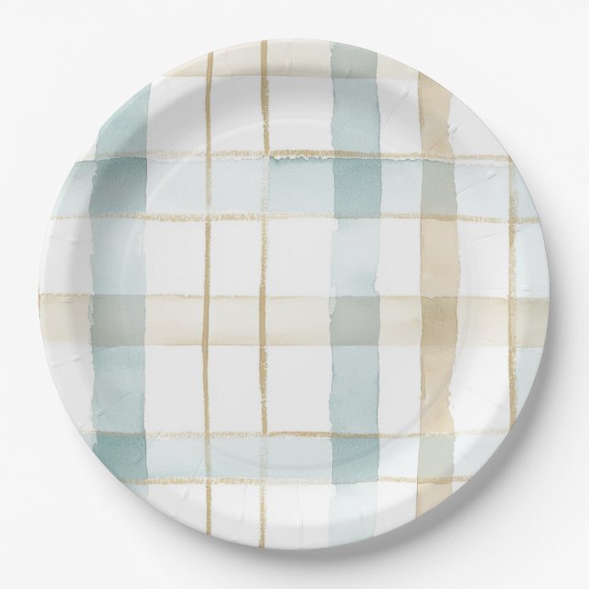 Blue Cream White Plaid Stripes Birthday Paper Plates (Front)