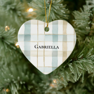 Blue Cream White Plaid Stripes Christmas Ceramic Ornament