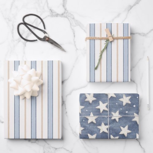 Blue Cream White Stripes Father's Day Wrapping Paper Sheets