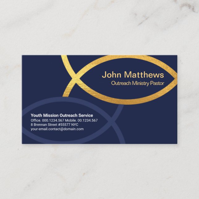Blue Creative Gold Ichthus Fish Christian Ministry Business Card (Front)
