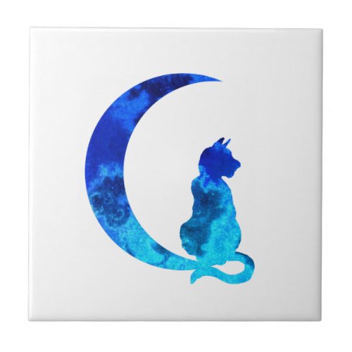 Blue Crescent Moon and Cat Ceramic Tile