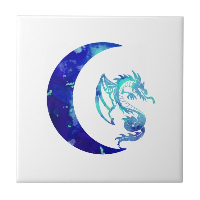 Blue Crescent Moon and Dragon Ceramic Tile (Front)