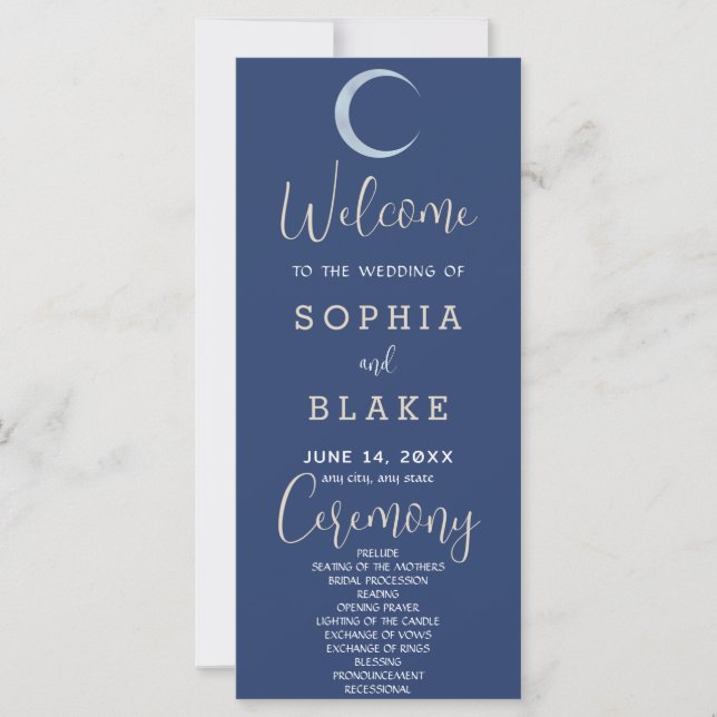 Blue Crescent Moon Dark Blue Wedding Program (Front)