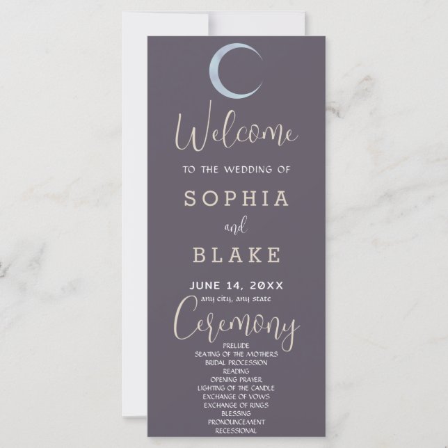 Blue Crescent Moon Smoke Gray Wedding Program (Front)