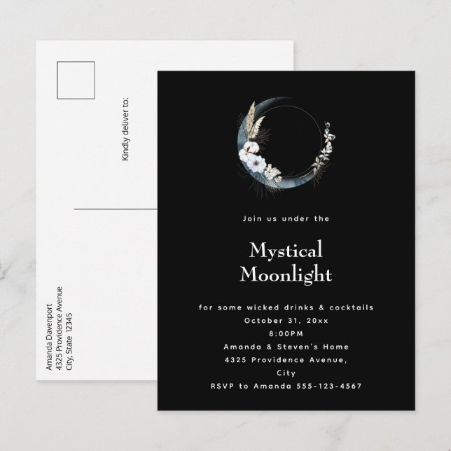Blue Crescent Moon White Flowers Halloween Party Invitation Postcard (Front/Back)
