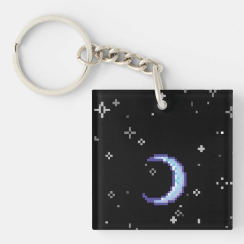 Blue Crescent Moon With Stars Pixel Art Keychain