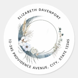 Blue Crescent Moon with White Flowers Address Classic Round Sticker
