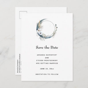 Blue Crescent Moon with White Flowers Announcement Postcard