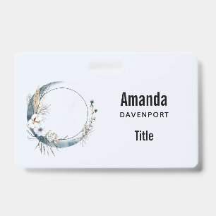 Blue Crescent Moon with White Flowers Badge