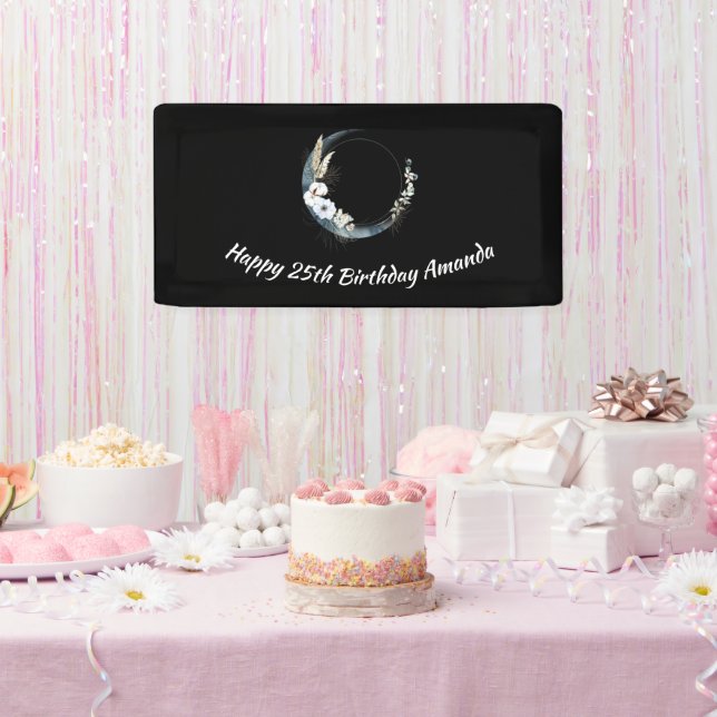 Blue Crescent Moon with White Flowers Birthday Banner (Party)