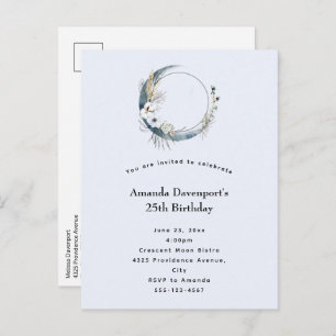 Blue Crescent Moon with White Flowers Birthday Invitation Postcard