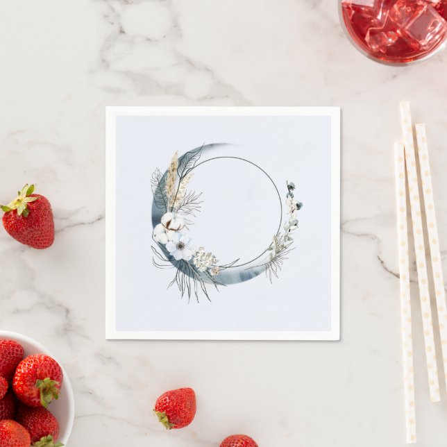 Blue Crescent Moon with White Flowers Birthday Napkins (Insitu)