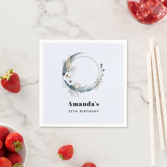 Blue Crescent Moon with White Flowers Birthday Napkins (Insitu)