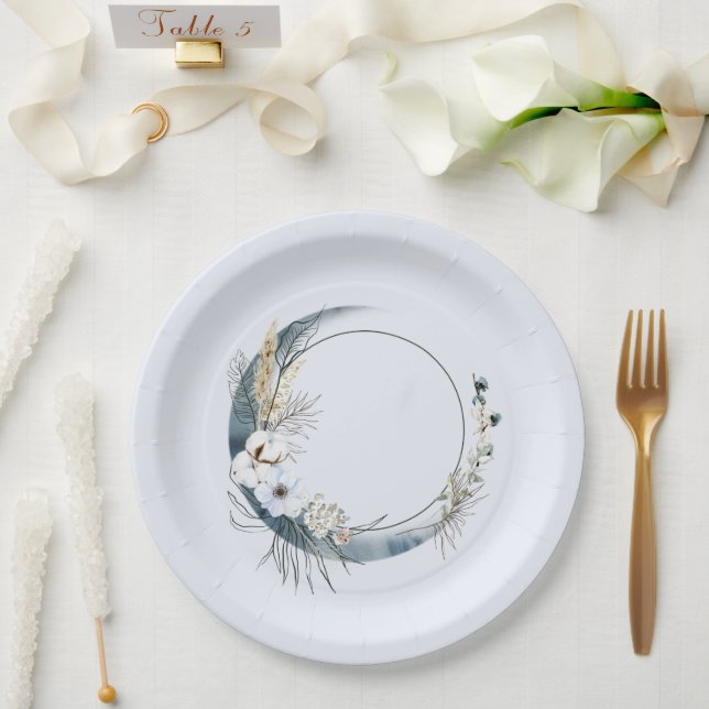 Blue Crescent Moon with White Flowers Birthday Paper Plates (Wedding)