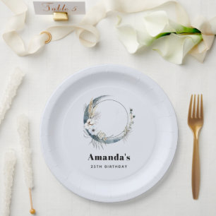 Blue Crescent Moon with White Flowers Birthday Paper Plates