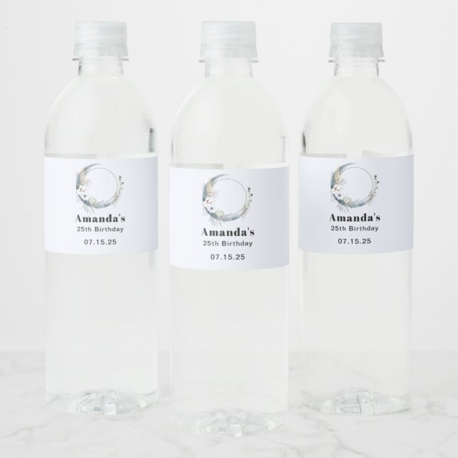 Blue Crescent Moon with White Flowers - Birthday Water Bottle Label (Bottles)