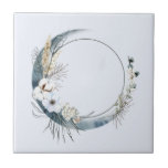 Blue Crescent Moon with White Flowers Ceramic Tile<br><div class="desc">Ceramic tile with a mystical illustration. A dark blue crescent moon with a elegant thin circle outline and white flower blossoms along its edges.</div>