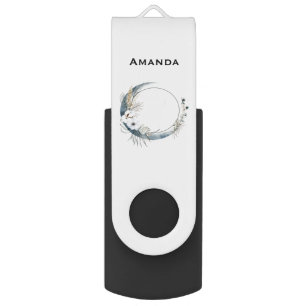 Blue Crescent Moon with White Flowers Flash Drive