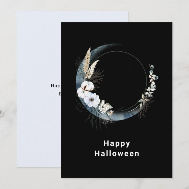 Blue Crescent Moon with White Flowers Halloween Holiday Card (Front/Back)