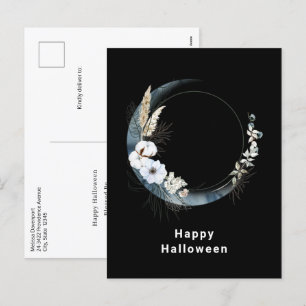 Blue Crescent Moon with White Flowers Halloween Holiday Postcard