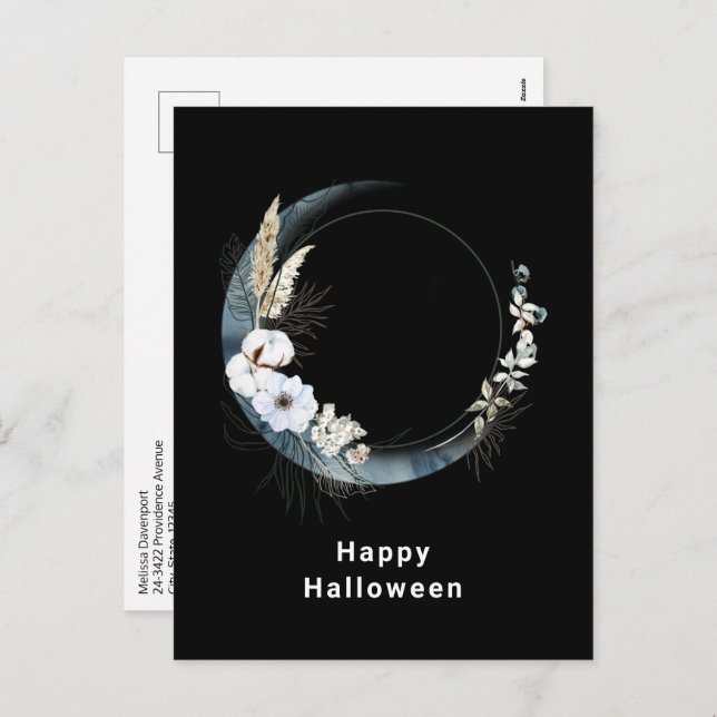 Blue Crescent Moon with White Flowers Halloween Holiday Postcard (Front/Back)