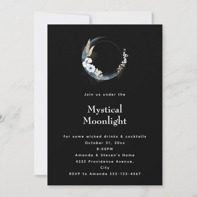 Blue Crescent Moon with White Flowers Halloween Invitation (Front)