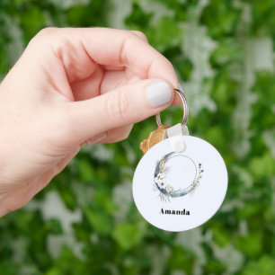 Blue Crescent Moon with White Flowers Keychain