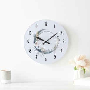 Blue Crescent Moon with White Flowers Large Clock