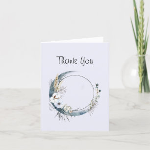 Blue Crescent Moon with White Flowers Letterpress Thank You Card