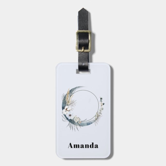 Blue Crescent Moon with White Flowers Luggage Tag (Front Vertical)