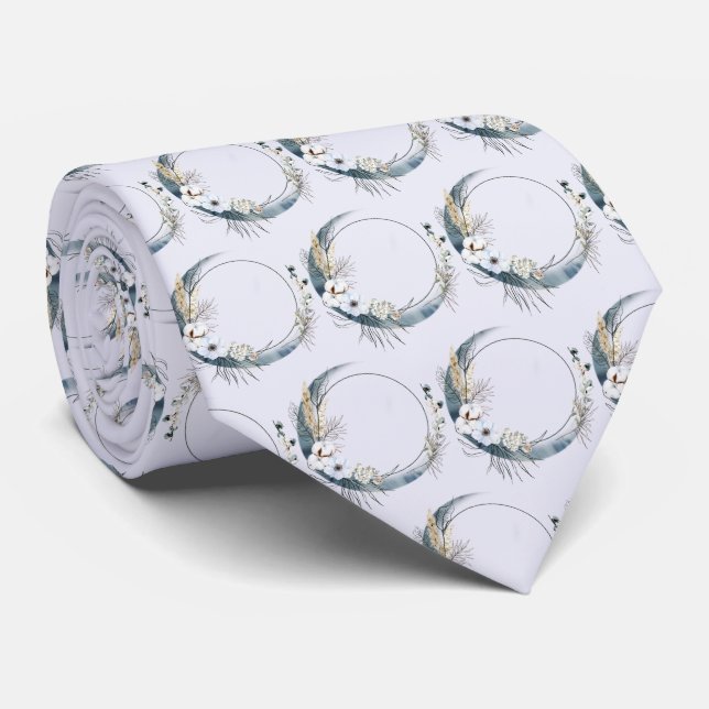 Blue Crescent Moon with White Flowers Pattern Neck Tie (Rolled)