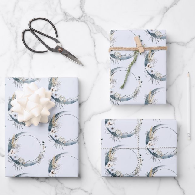 Blue Crescent Moon with White Flowers Pattern Wrapping Paper Sheets (Front)