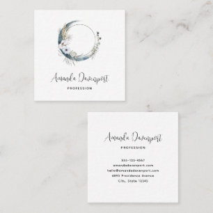 Blue Crescent Moon with White Flowers Square Business Card