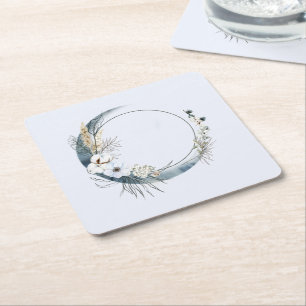 Blue Crescent Moon with White Flowers Square Paper Coaster