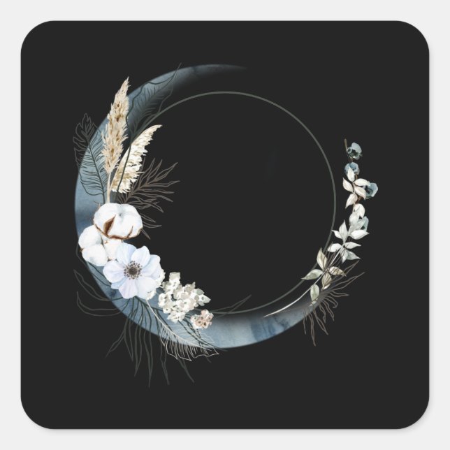 Blue Crescent Moon with White Flowers Square Sticker (Front)