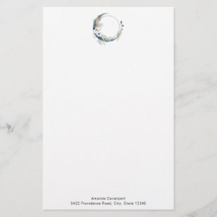 Blue Crescent Moon with White Flowers Stationery