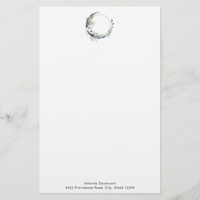 Blue Crescent Moon with White Flowers Stationery (Front)