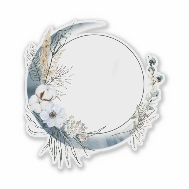 Blue Crescent Moon with White Flowers Sticker (Front)