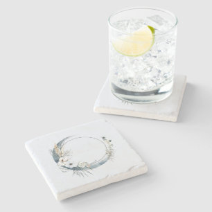 Blue Crescent Moon with White Flowers Stone Coaster