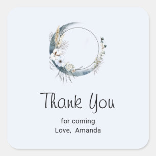 Blue Crescent Moon with White Flowers Thank You Square Sticker
