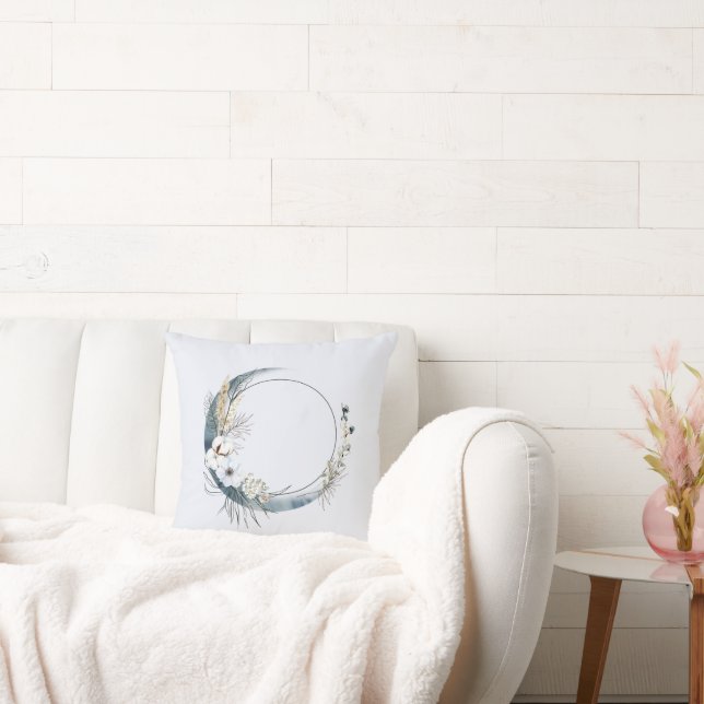 Blue Crescent Moon with White Flowers Throw Pillow (Couch)